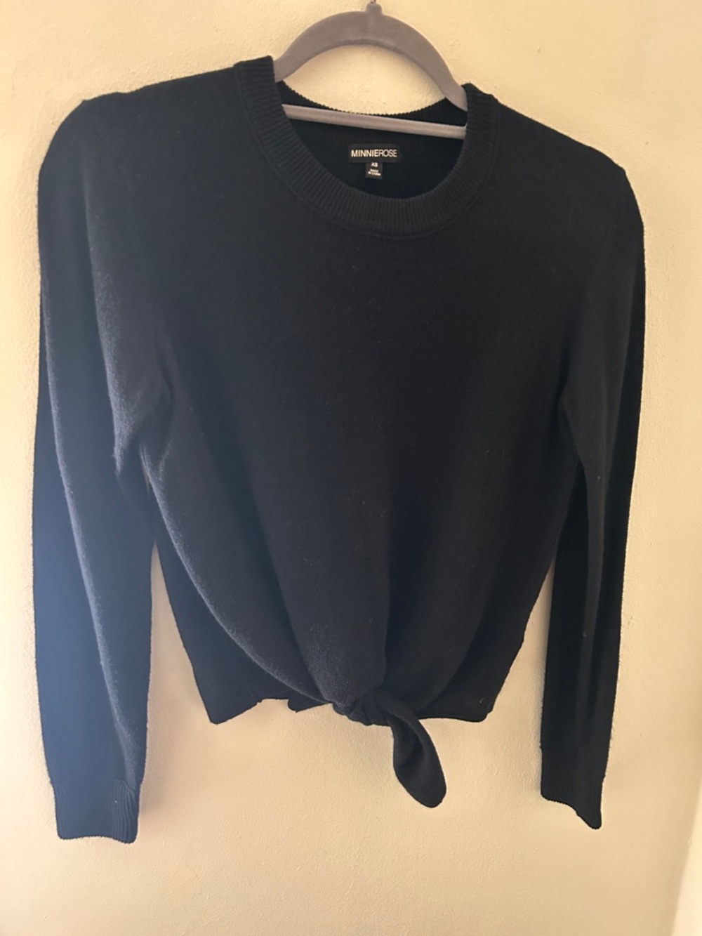 Minnie Rose Black Crewneck Tie-Front Sweater